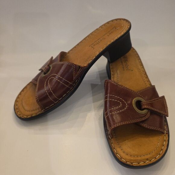 JOSEF‎ SEIBEL Brown Leather Heeled Slide Sandals Size 38 US 7.5/8 Comfort Shoe - Picture 1 of 9